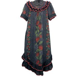 Good Times Aloha Hawaiian Floral Ruffle Medium M Muumuu Black Red Ohia Flower